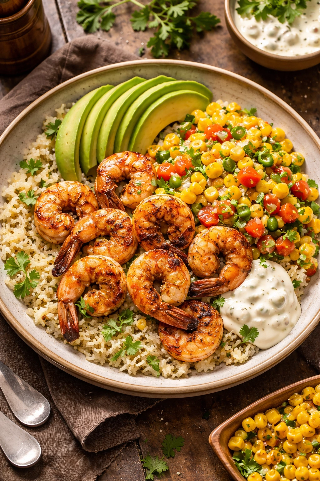 Plated grilled shrimp bowl ready to serve