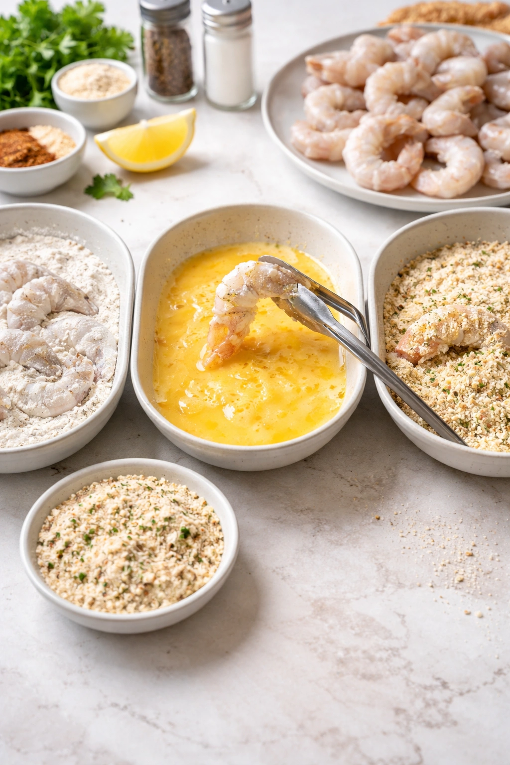 Shrimp breading station showing flour, eggs, and breadcrumbs for air frying