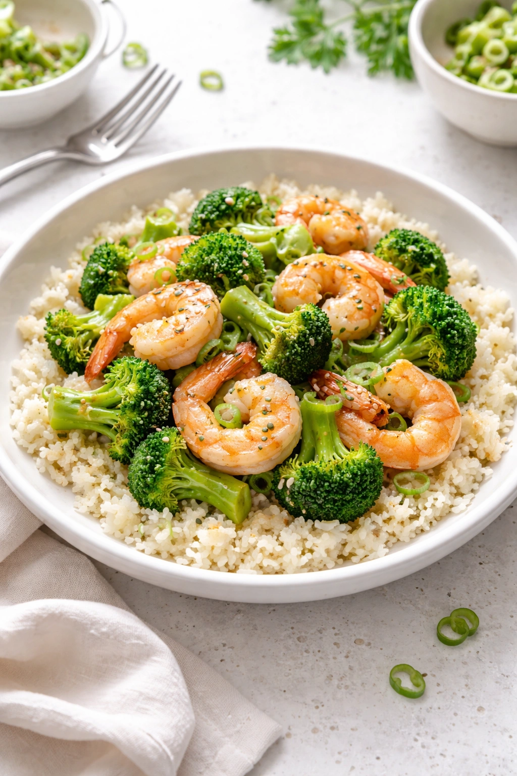 Shrimp stir-fry with broccoli over cauliflower rice in a bowl