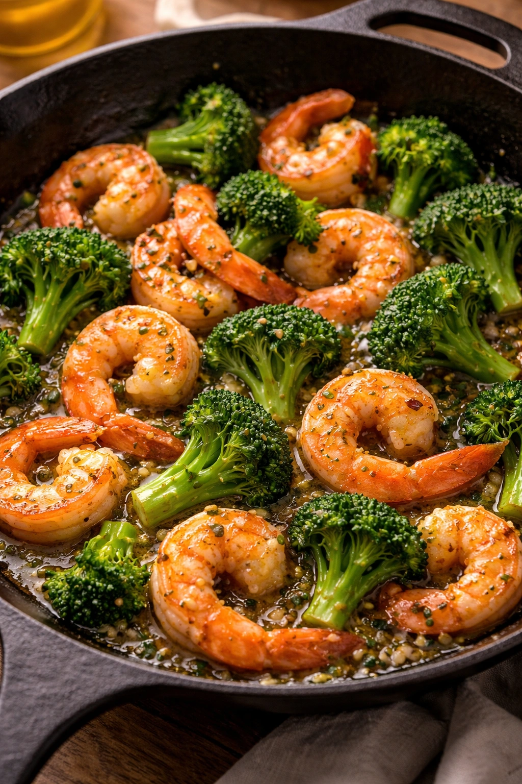 Close-up of shrimp and broccoli in garlic butter sauce sizzling in a skillet