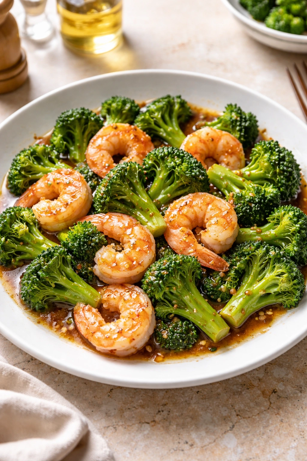 Close-up of shrimp and broccoli in garlic sauce on a plate