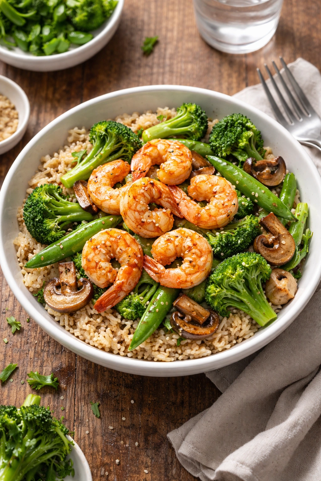 Shrimp and brown rice power bowl with stir-fried vegetables