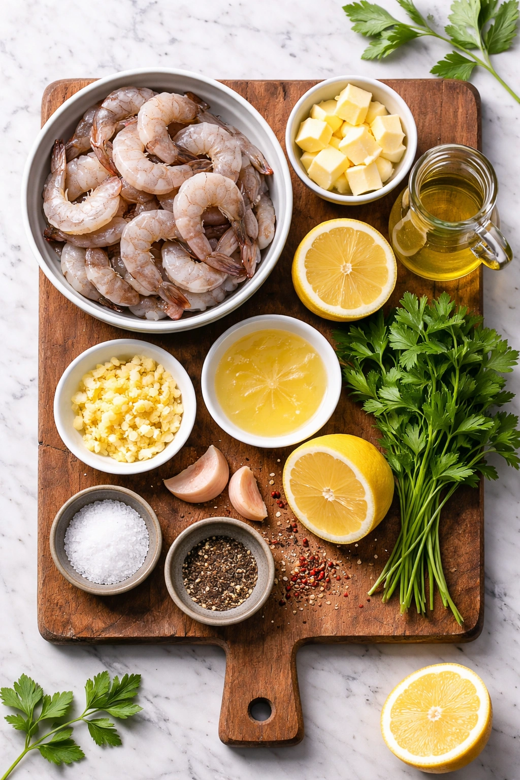 Close-up view of shrimp, butter, garlic, lemon, parsley and seasonings prepared for lemon butter shrimp.
