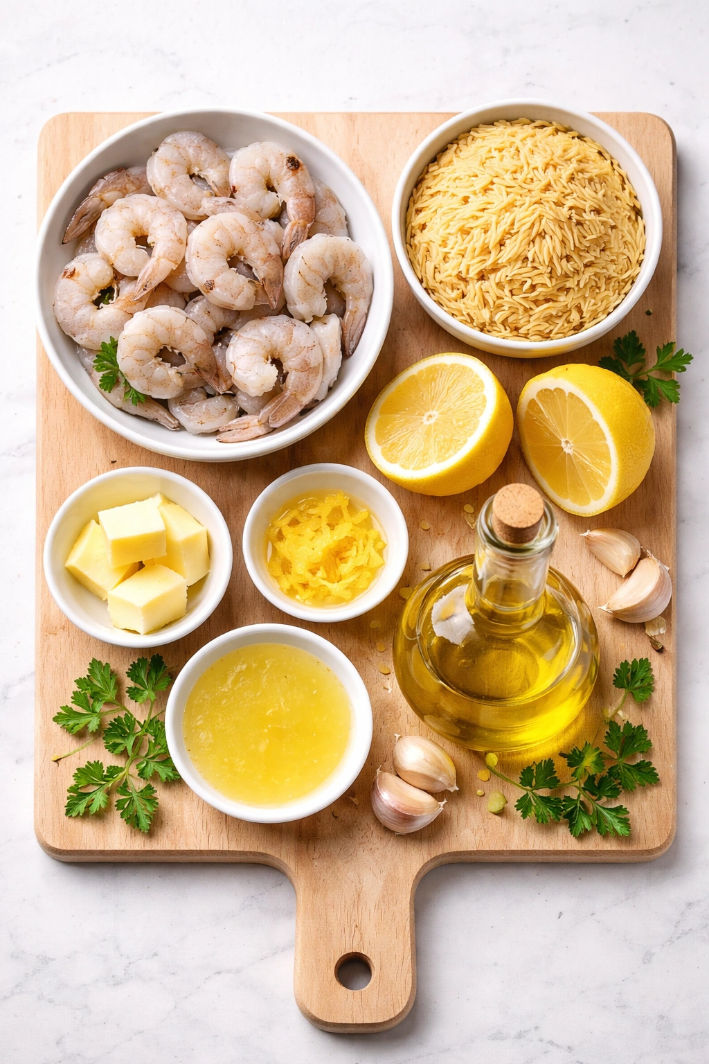 Core ingredients layout for lemon shrimp orzo on board