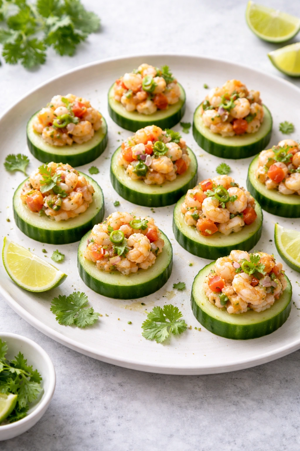 Shrimp ceviche on cucumber rounds on a plate