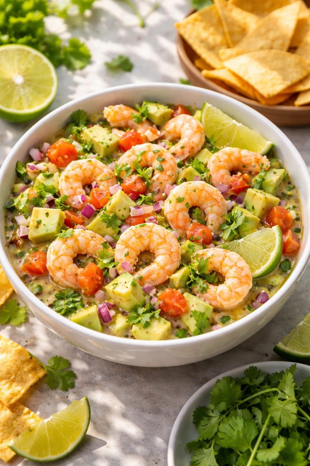 Bright shrimp ceviche with avocado and cilantro in citrusy marinade