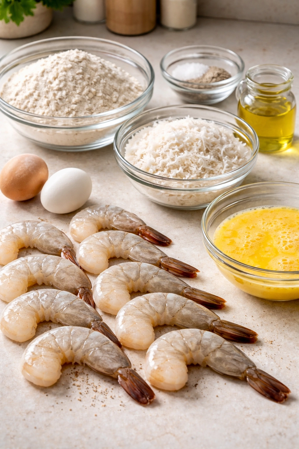 Shrimp with flour, coconut, and eggs for coating