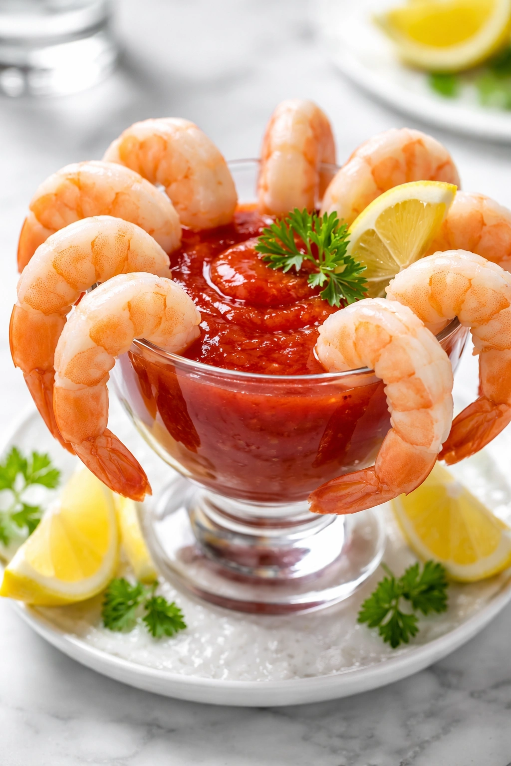 Large shrimp around a glass of cocktail sauce