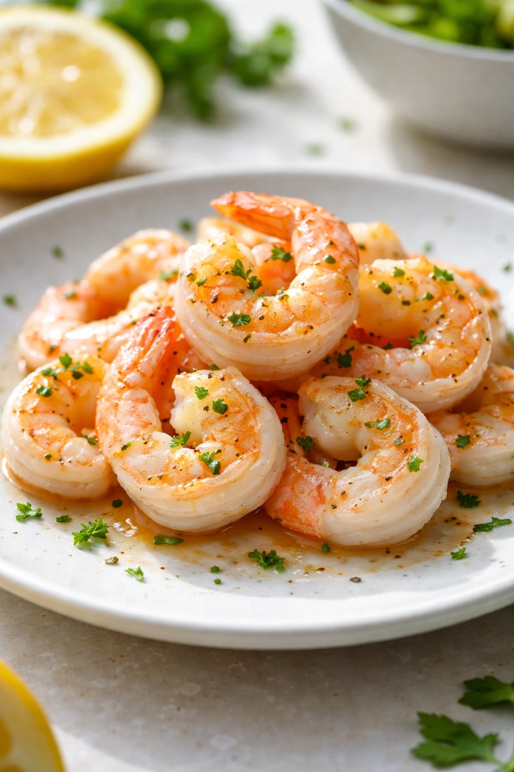 Perfectly cooked shrimp on a plate, pink and firm.