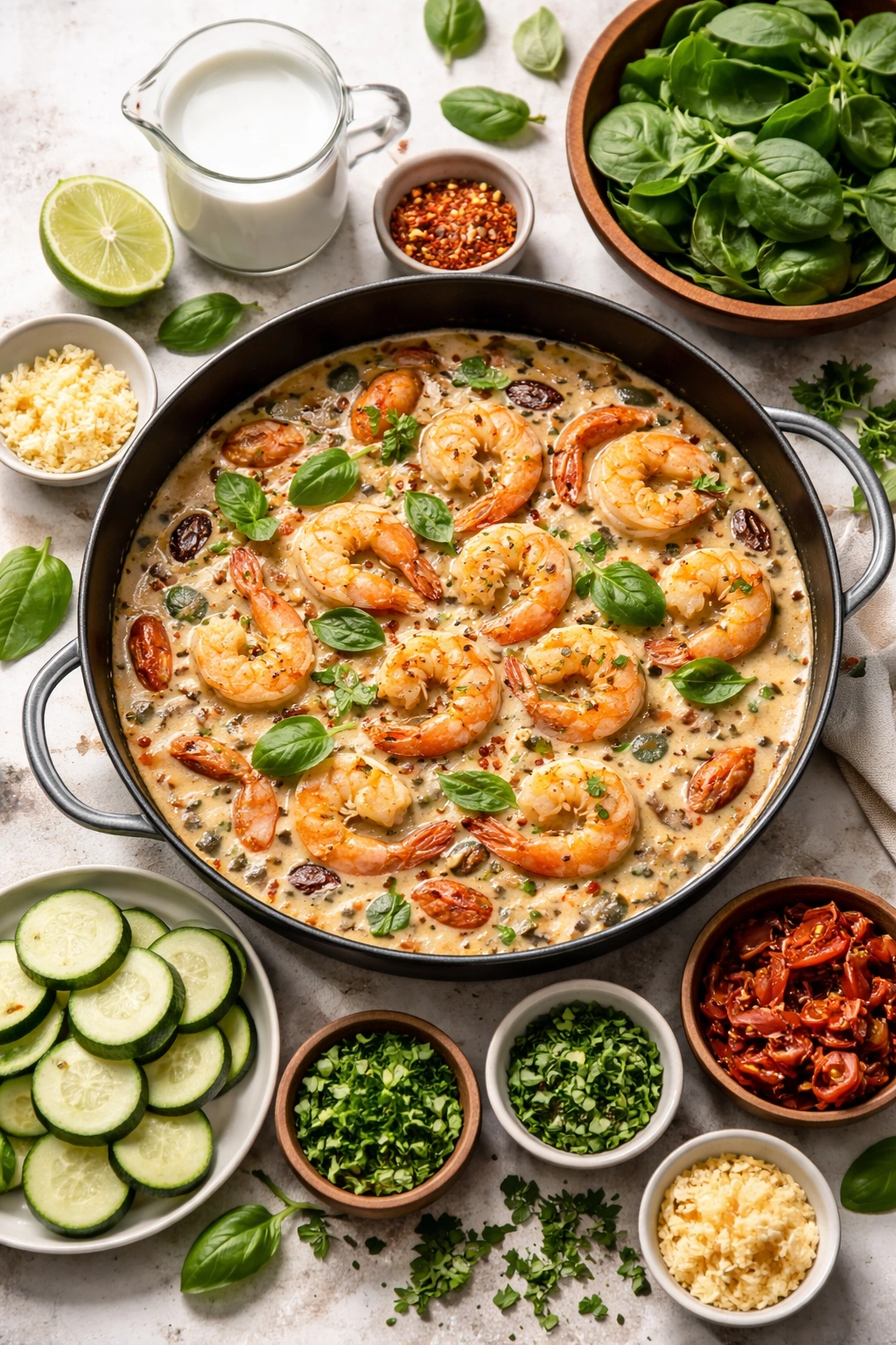Variations to Make It Your Own: skillet shrimp in light creamy sauce with greens and vegetables, suggesting coconut milk and herb tweaks