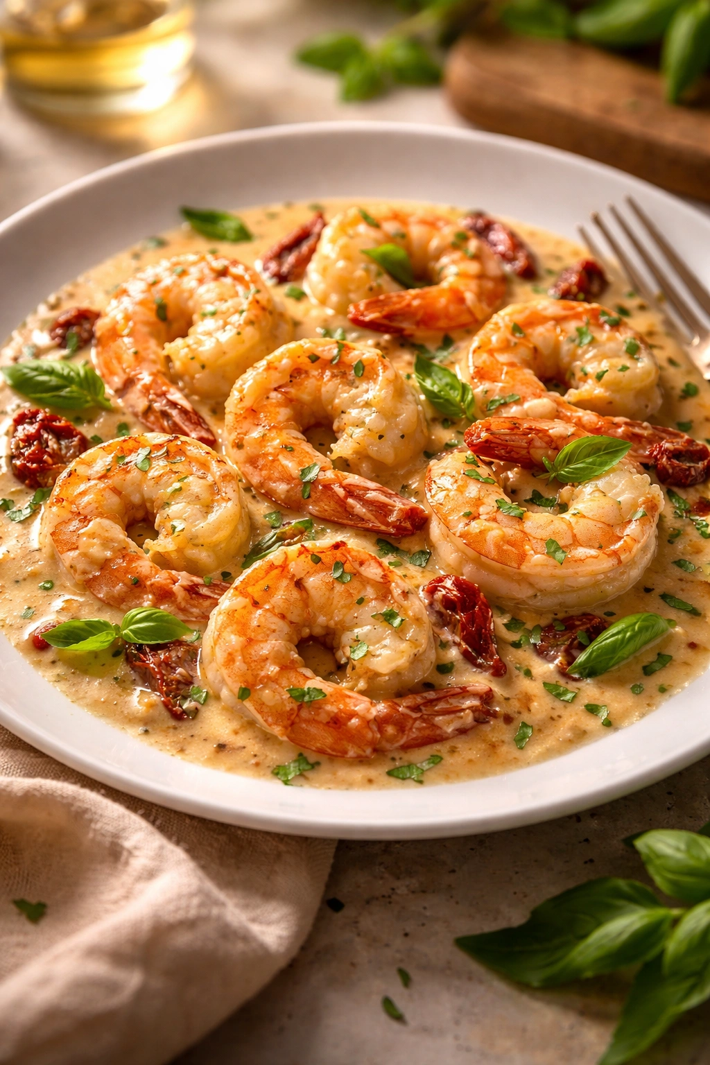 Close-up of shrimp in creamy garlic sauce with sun-dried tomatoes and basil on white plate