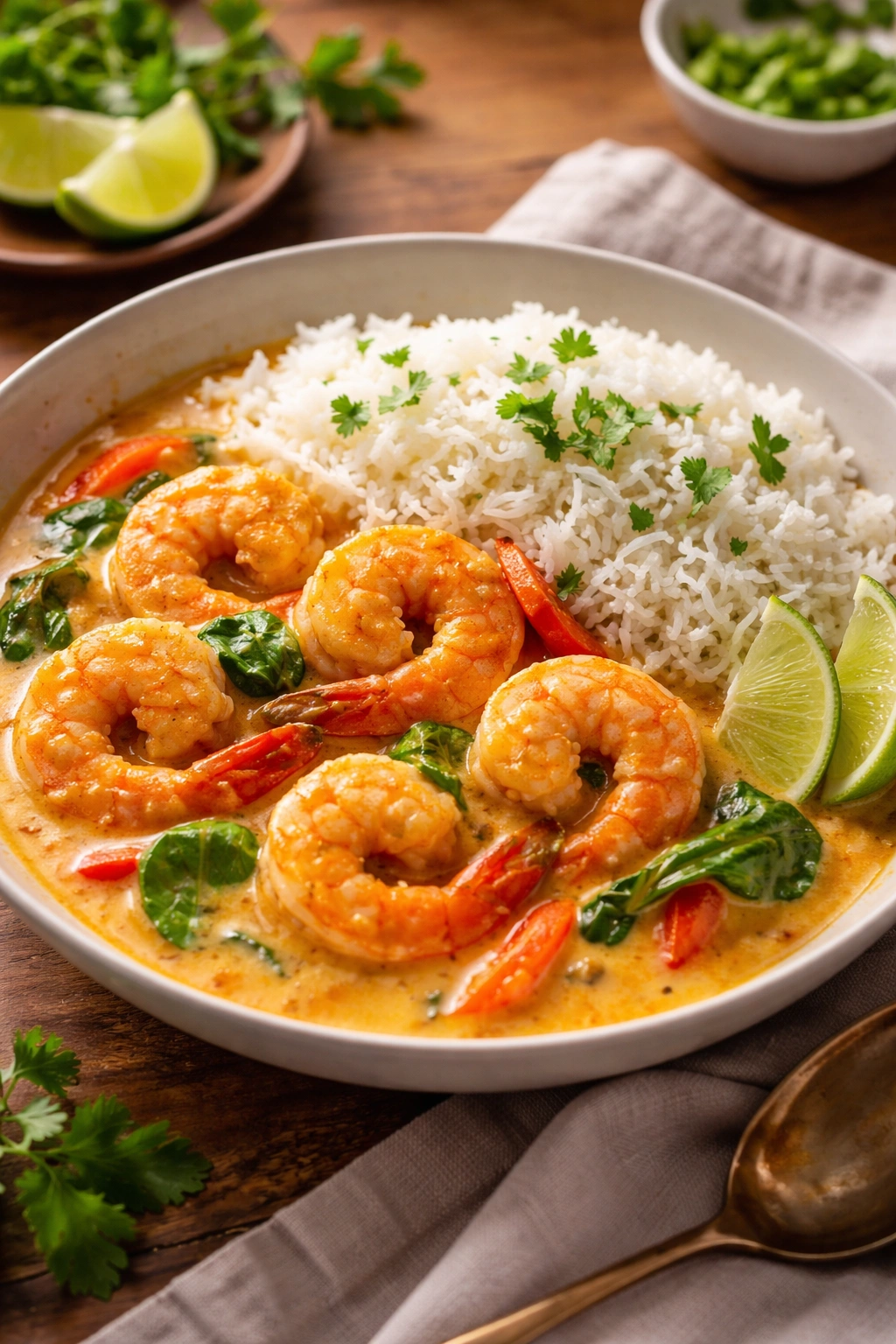 Thai shrimp curry with coconut milk and jasmine rice in a bowl