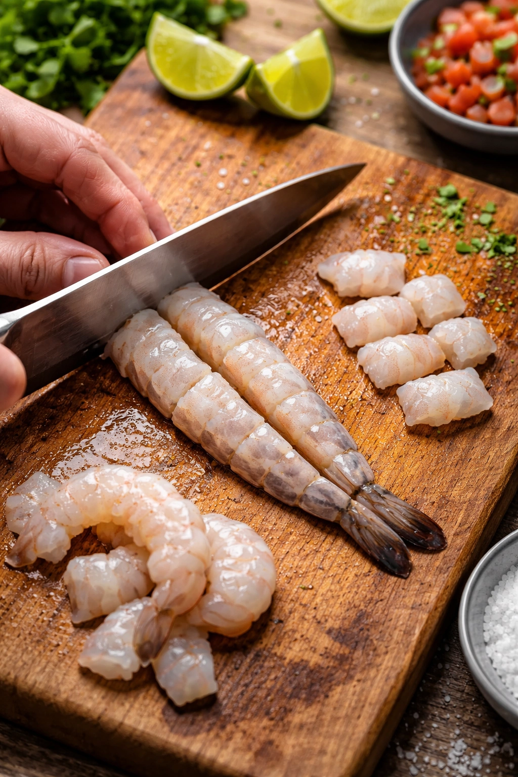 Shrimp being cut into uniform pieces on a cutting board