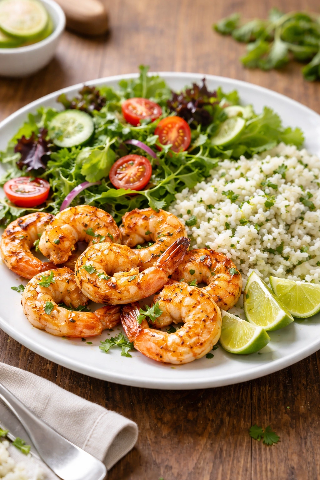Balanced plate featuring grilled shrimp, rice, and greens