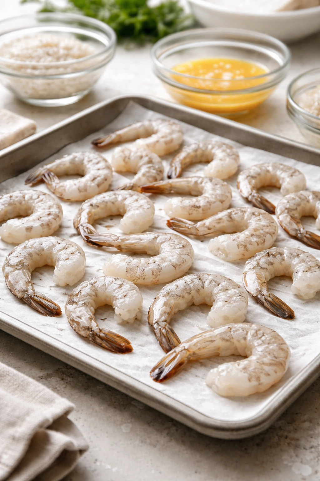 Close-up of dry raw shrimp on parchment, ready for breading