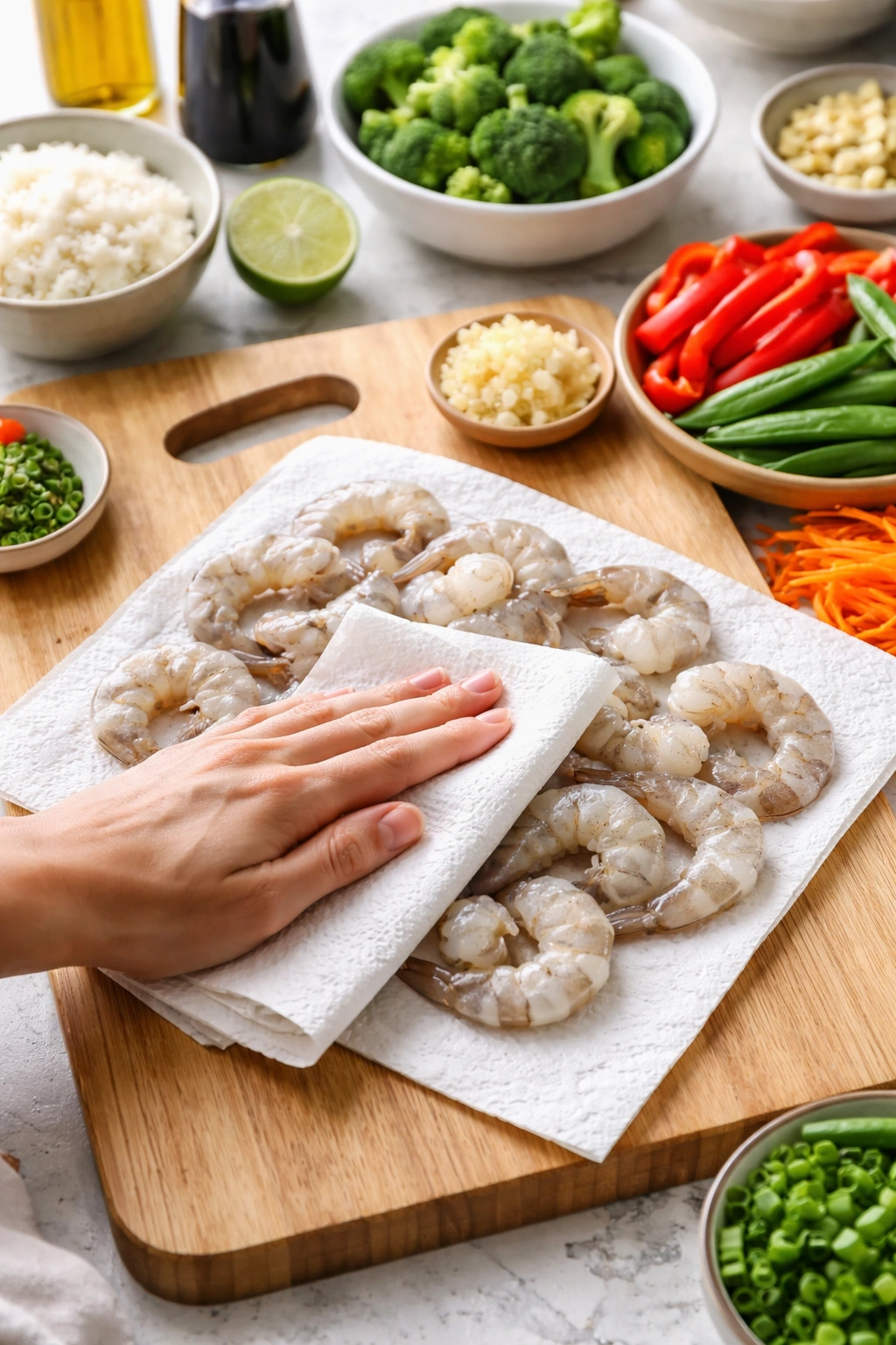 Close-up of hands patting dry shrimp on a paper towel on a cutting board in a bright kitchen