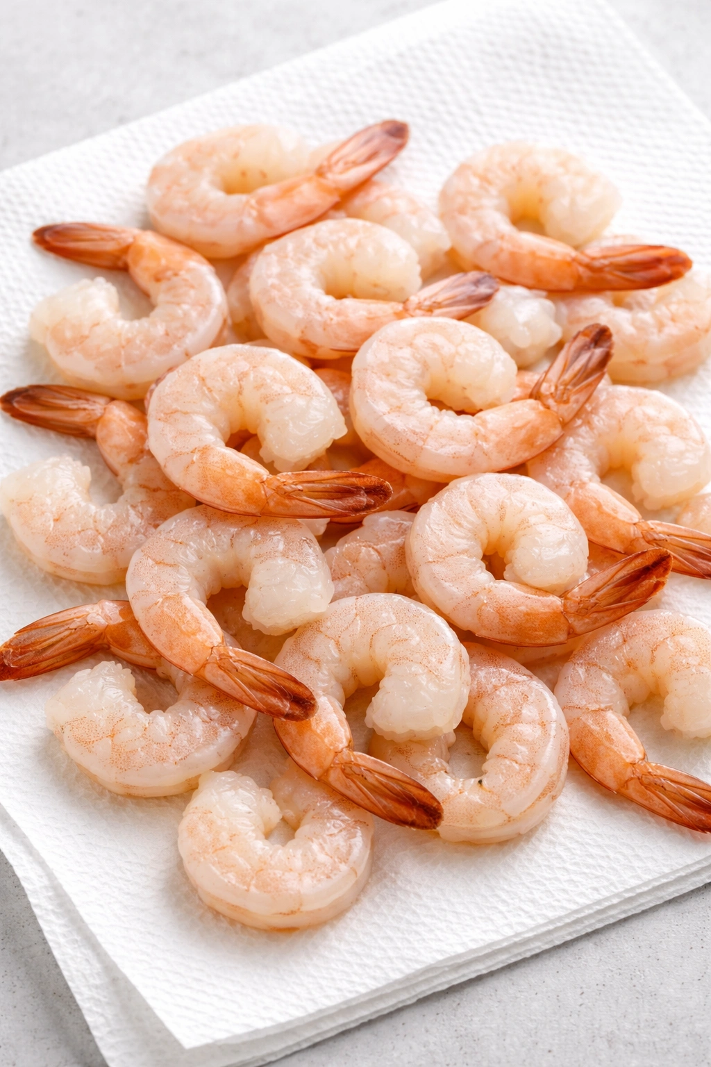 Dried thawed shrimp on a clean surface