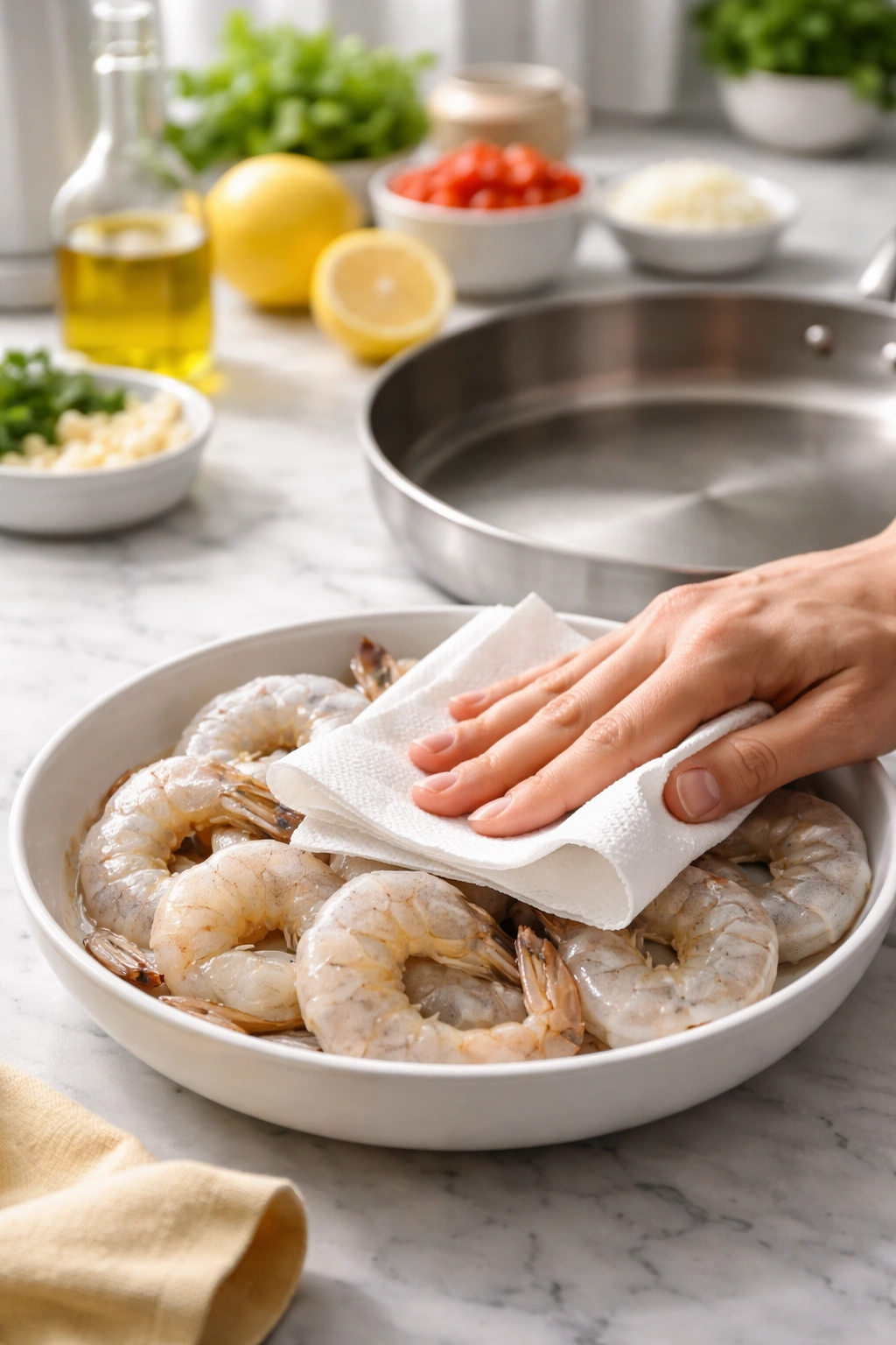 Hand drying shrimp with paper towels before searing.