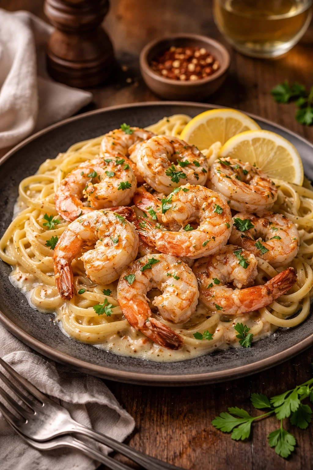 Finished plate of creamy garlic shrimp on slate plate