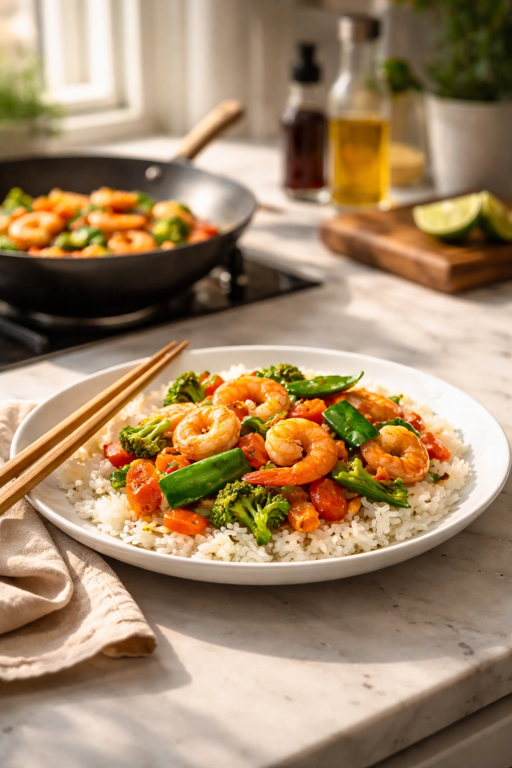 Plated shrimp stir-fry on a clean countertop in warm, calm kitchen lighting