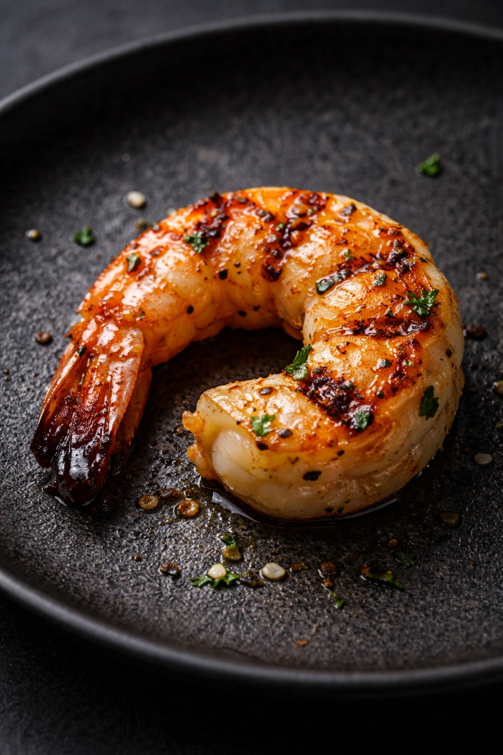 Close-up of a single perfectly cooked shrimp on a dark plate