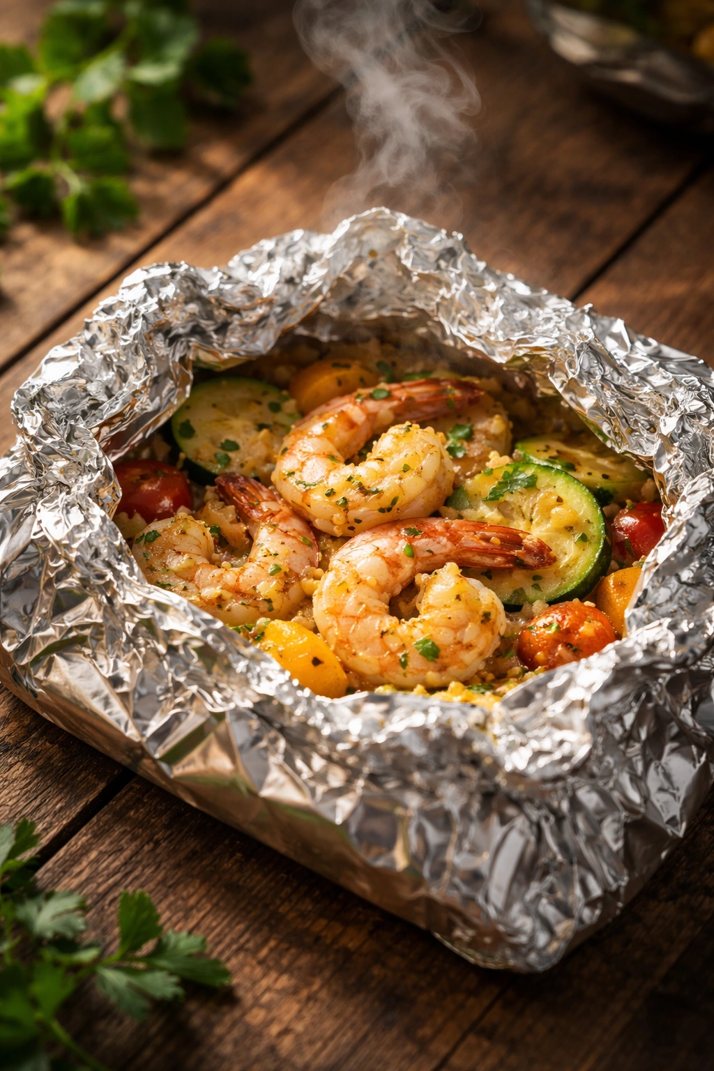 Sealed shrimp foil packet with steam on rustic wooden surface
