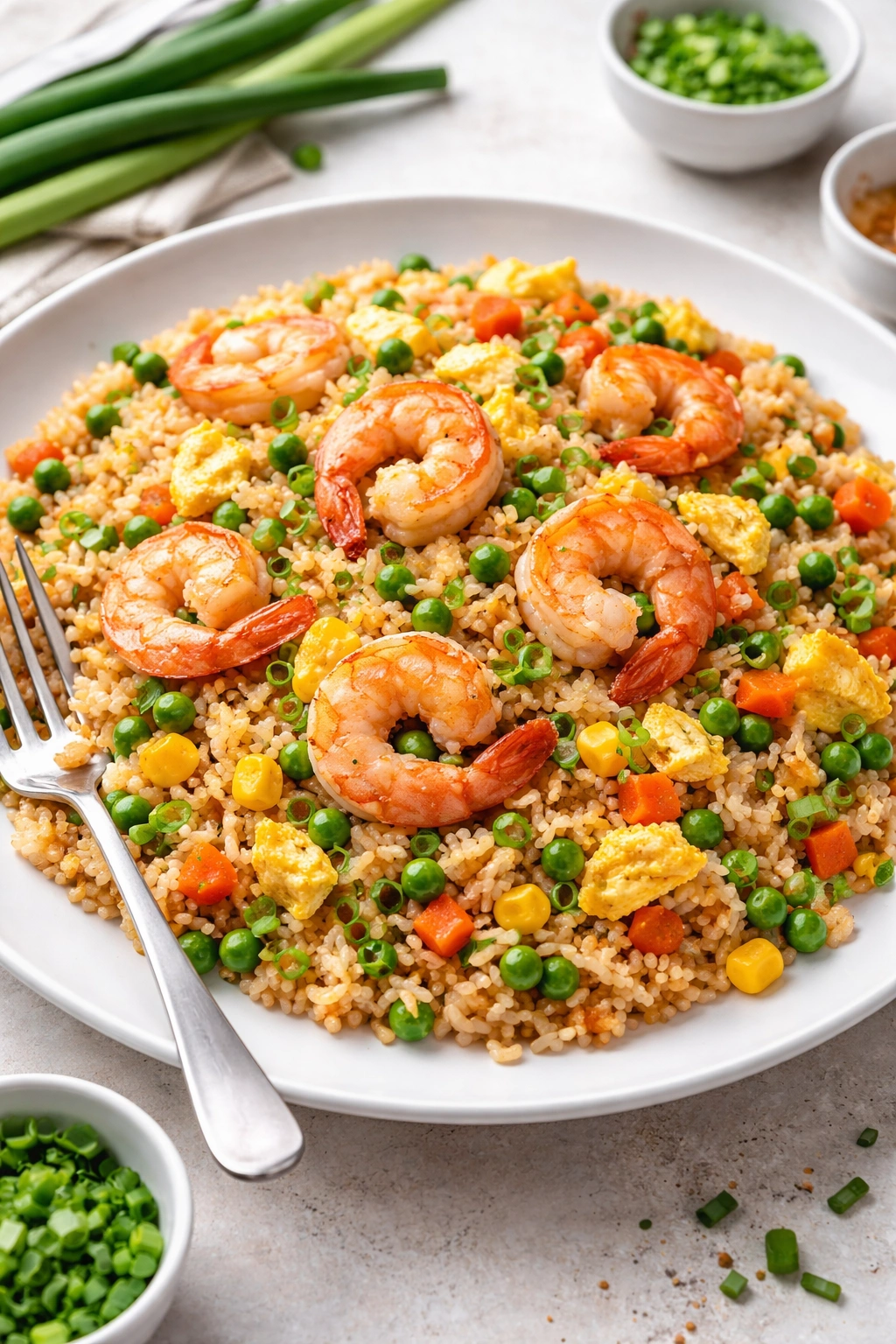 Shrimp fried rice with vegetables and egg on a white plate