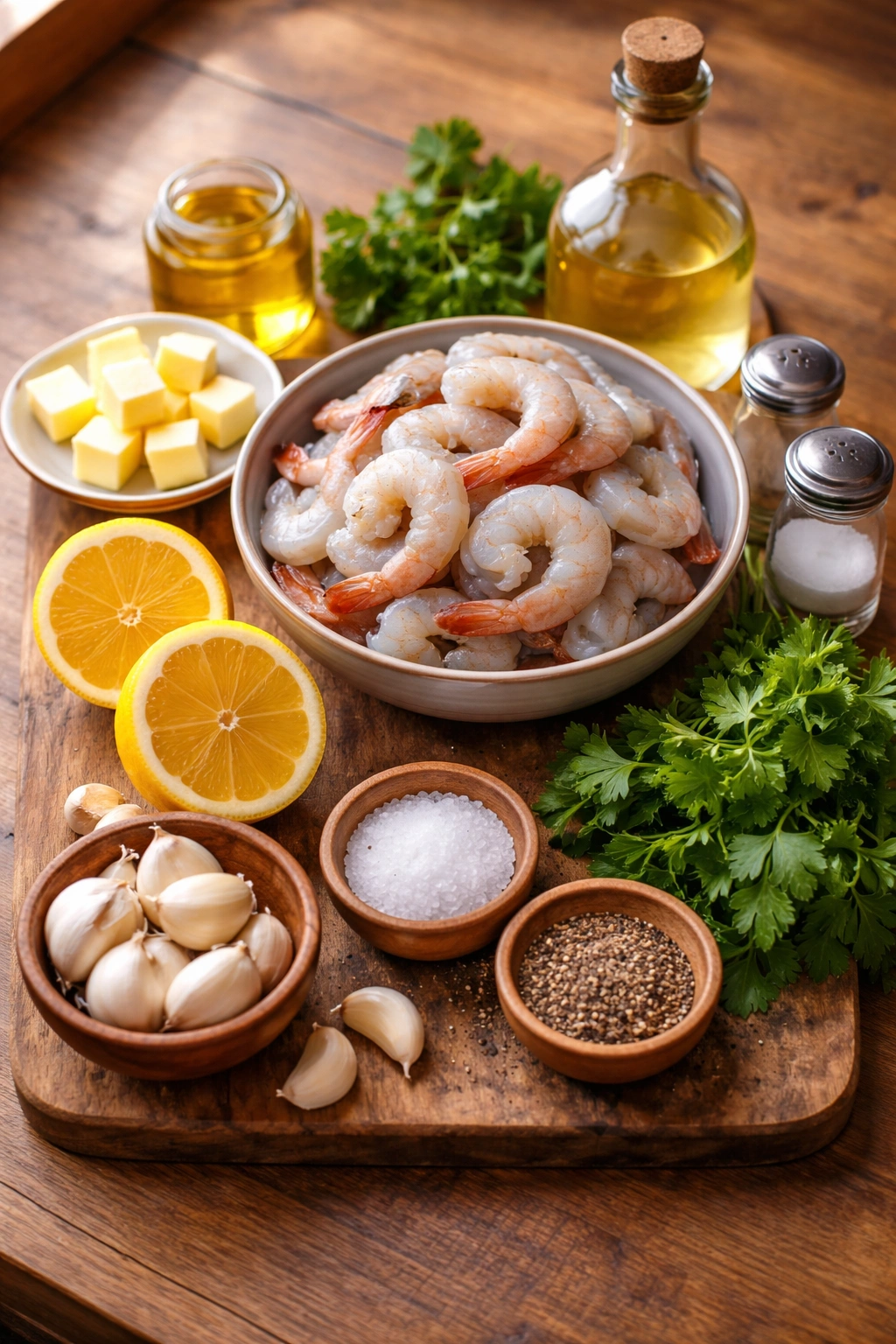 Top-down view of shrimp, butter, garlic, lemon, parsley, oil, salt, pepper, and wine on a wooden board for shrimp scampi ingredients.