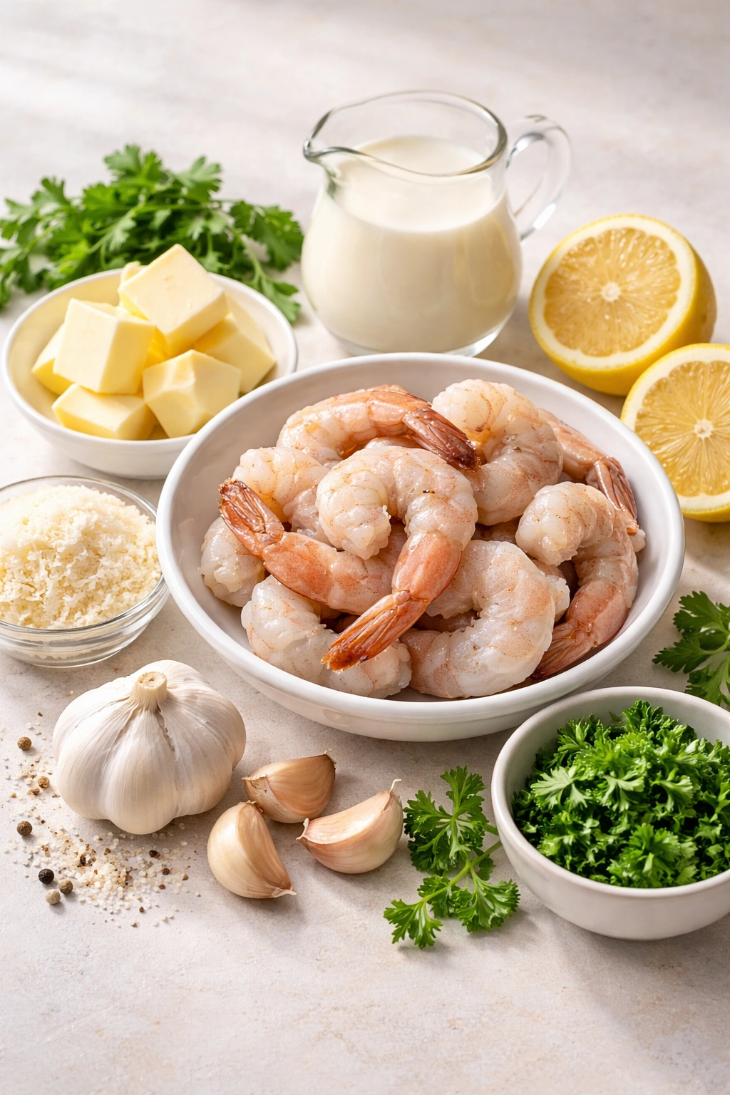 Assorted ingredients for creamy garlic shrimp laid out