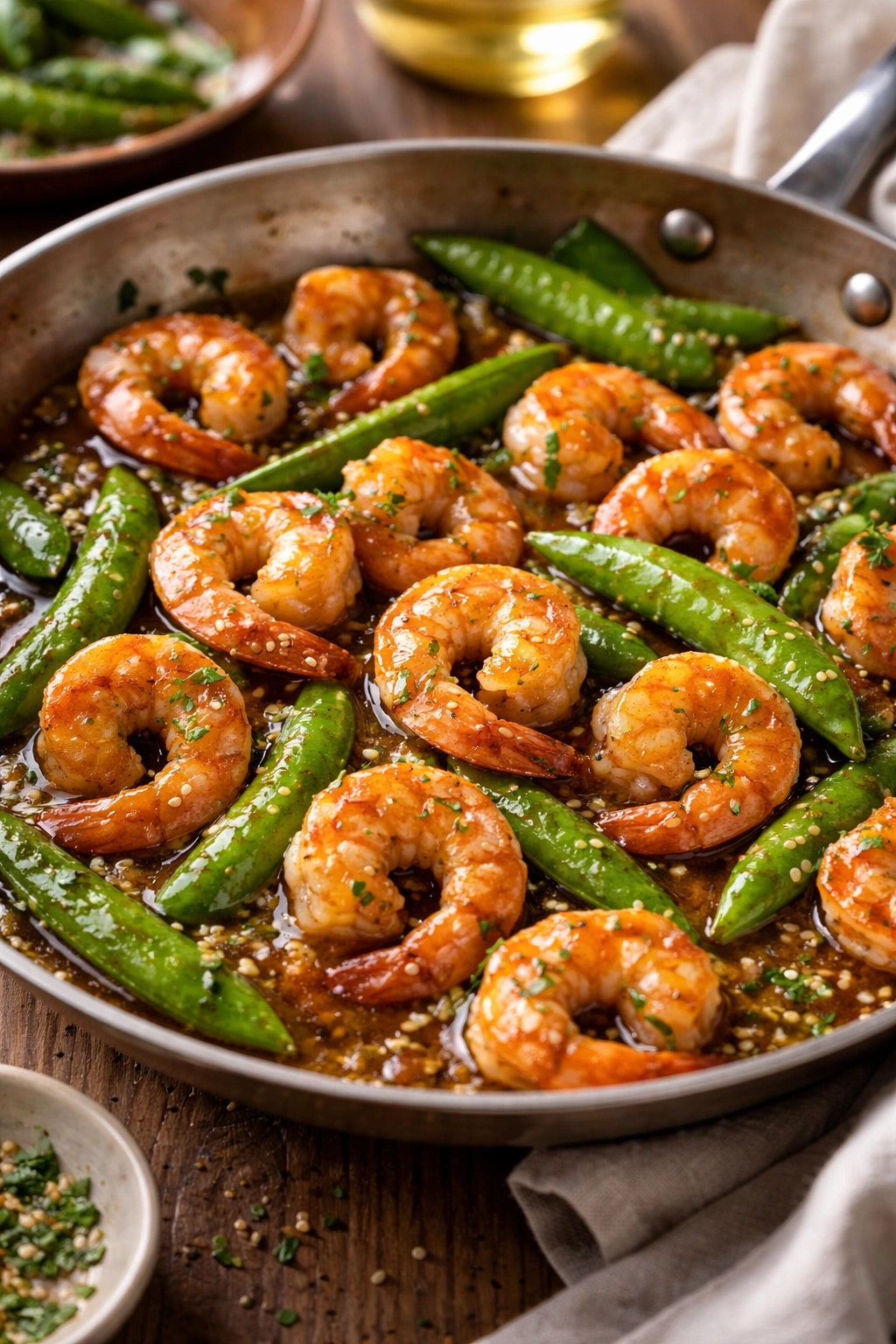 Shrimp with honey-garlic brown butter and snap peas in a skillet