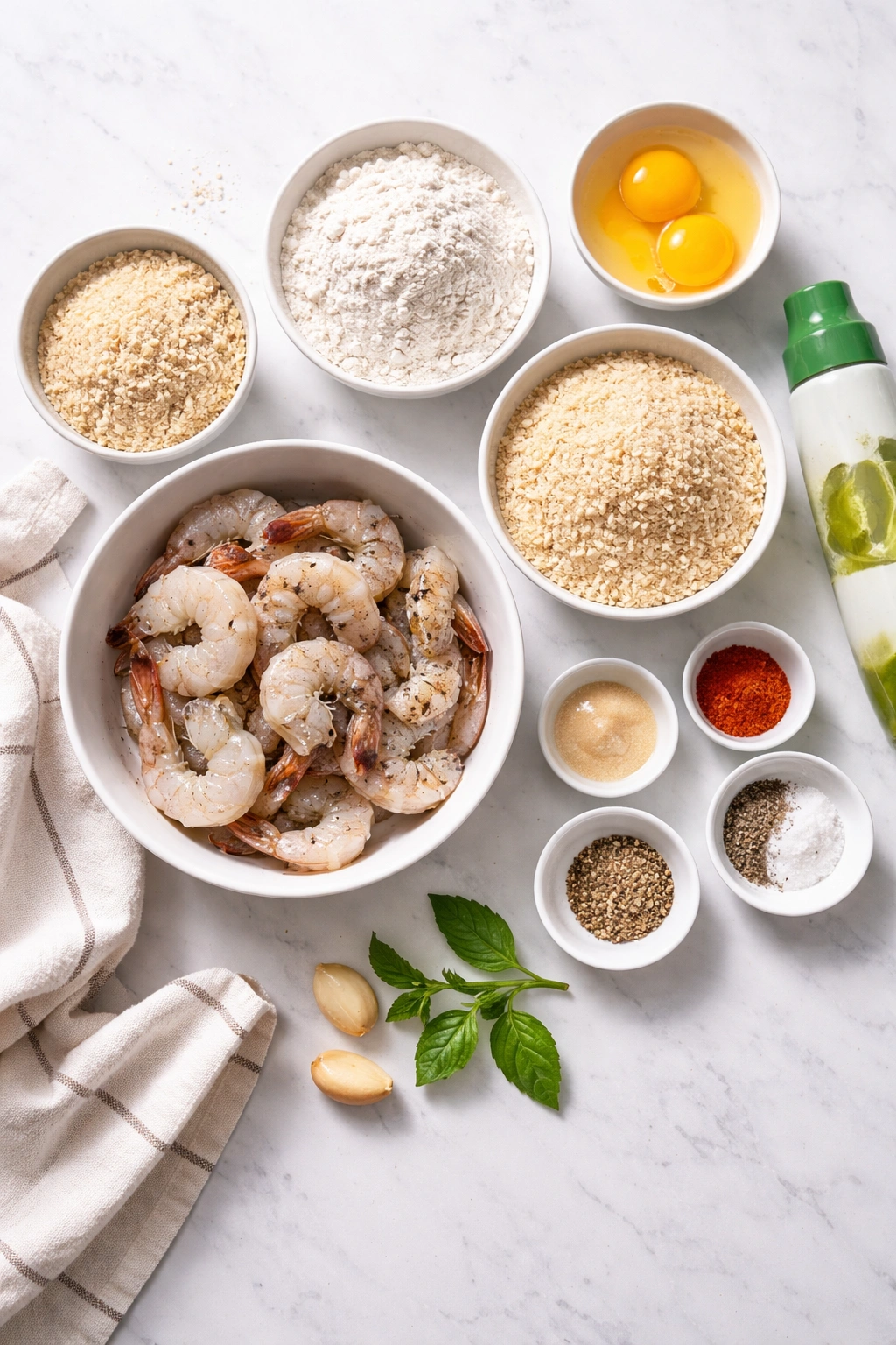 Raw shrimp and dry ingredients arranged on a cutting board for crispy air fryer shrimp