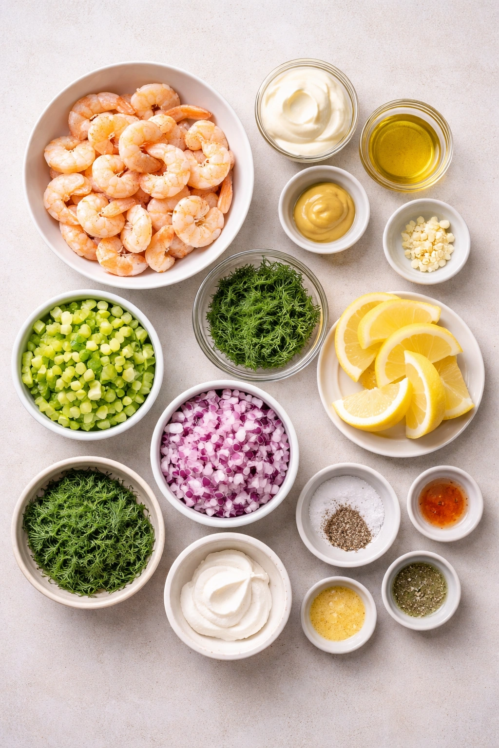 Top-down view of shrimp salad ingredients laid out in bowls and piles
