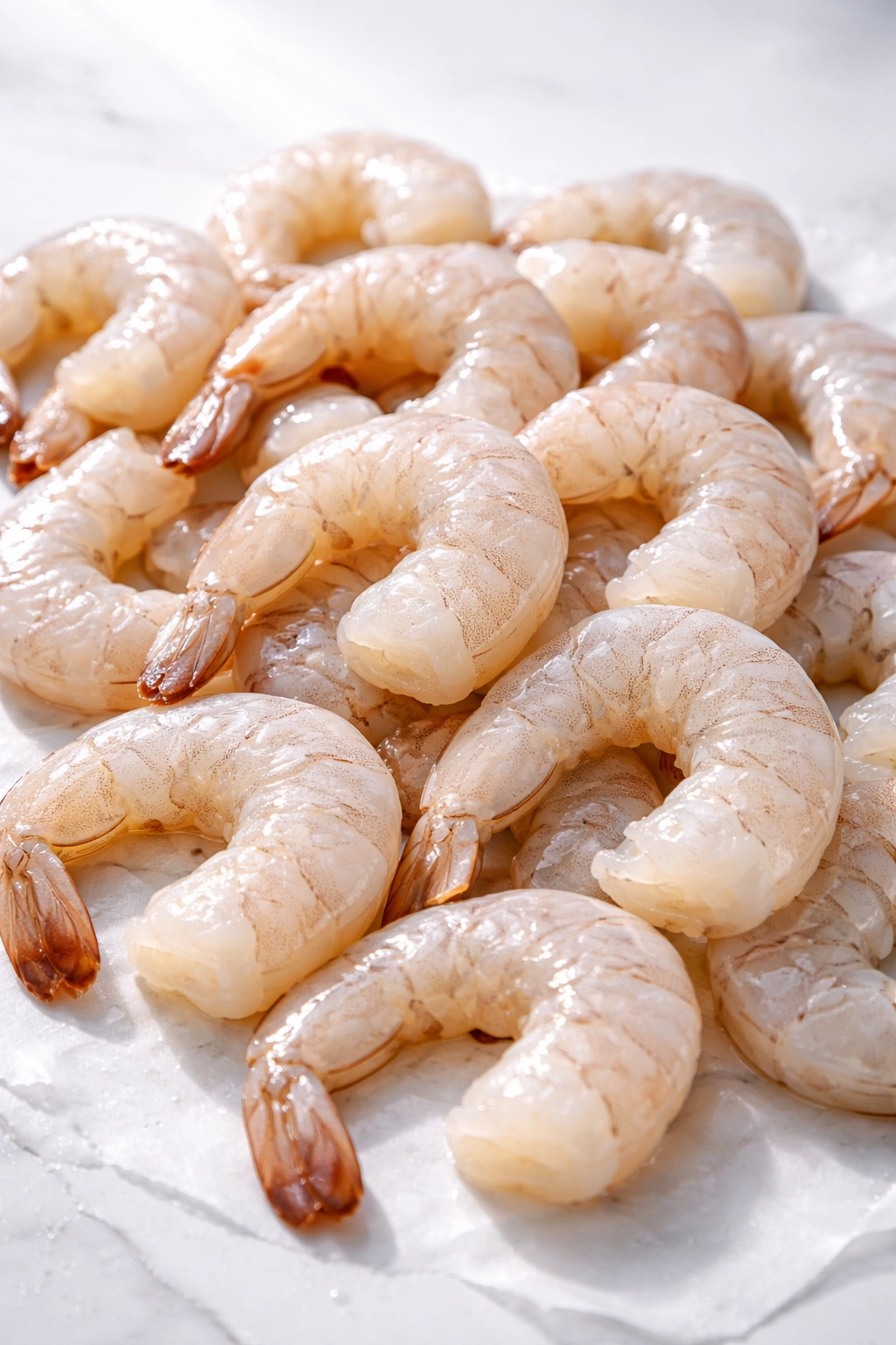 Large raw shrimp on a clean surface, showing size and plumpness.