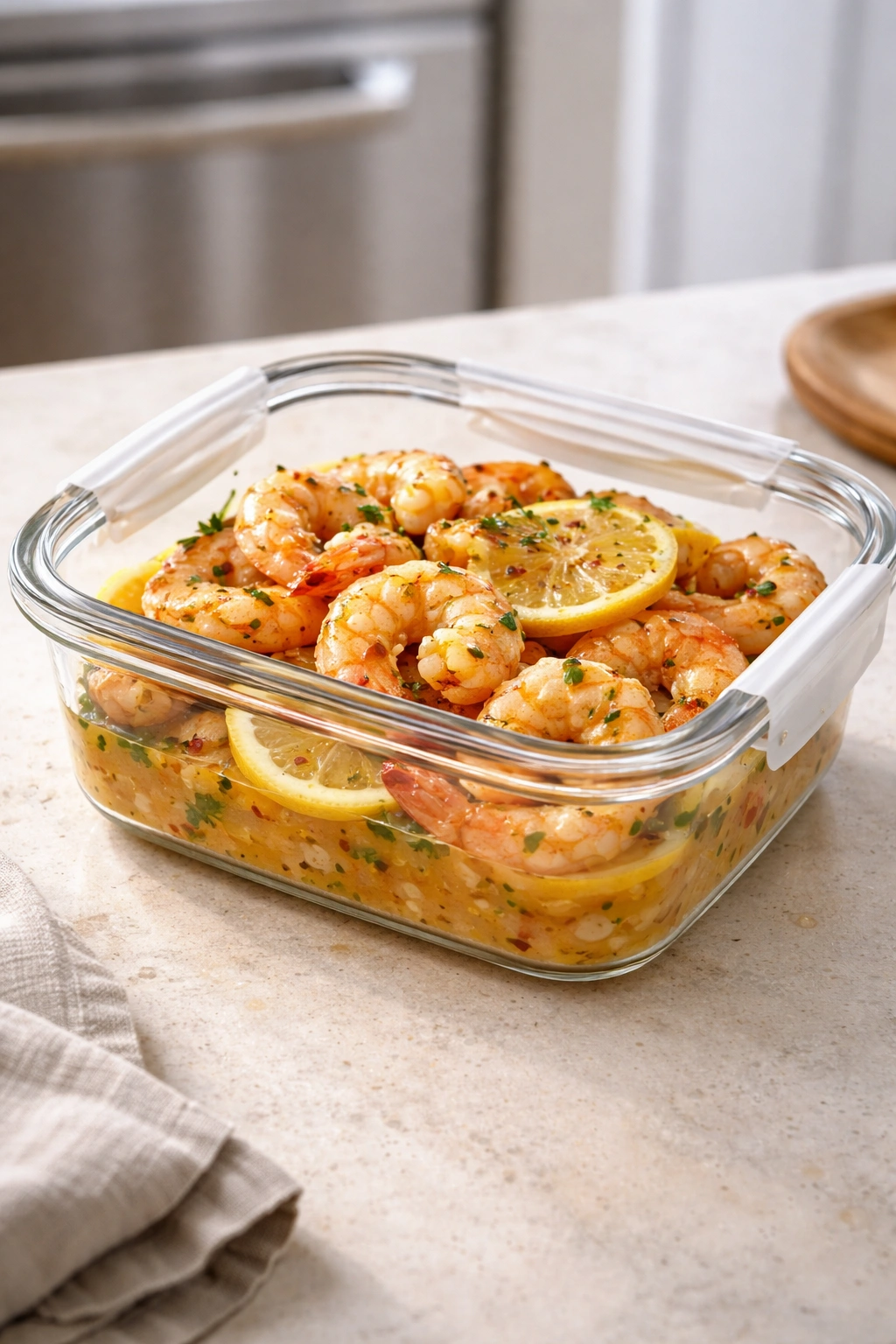 Leftover lemon butter shrimp in an airtight container for refrigeration.