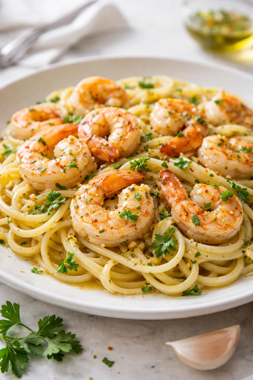 Plate of garlic and herb shrimp with linguine in a glossy sauce