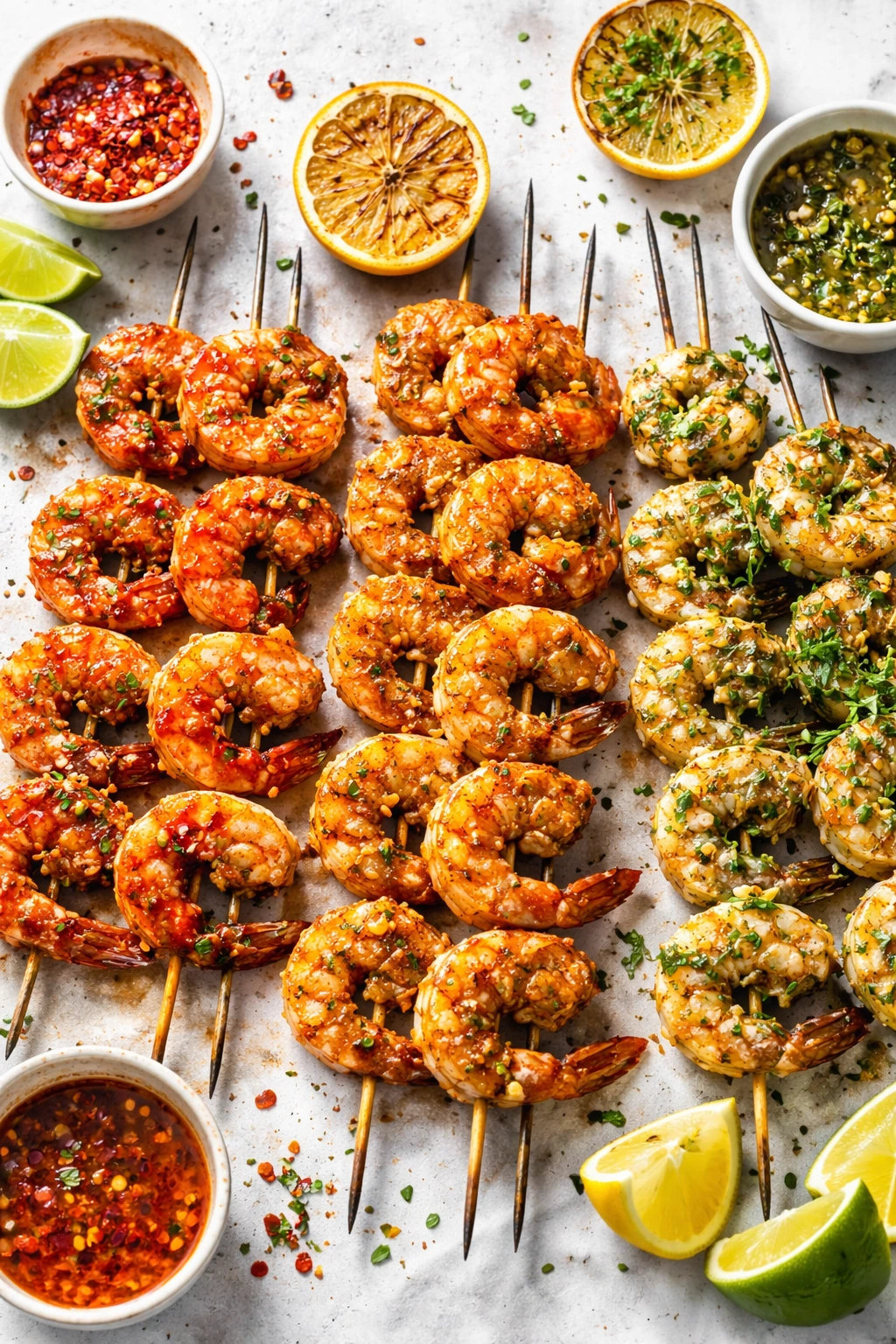 Shrimp on skewers with glossy bold marinade.