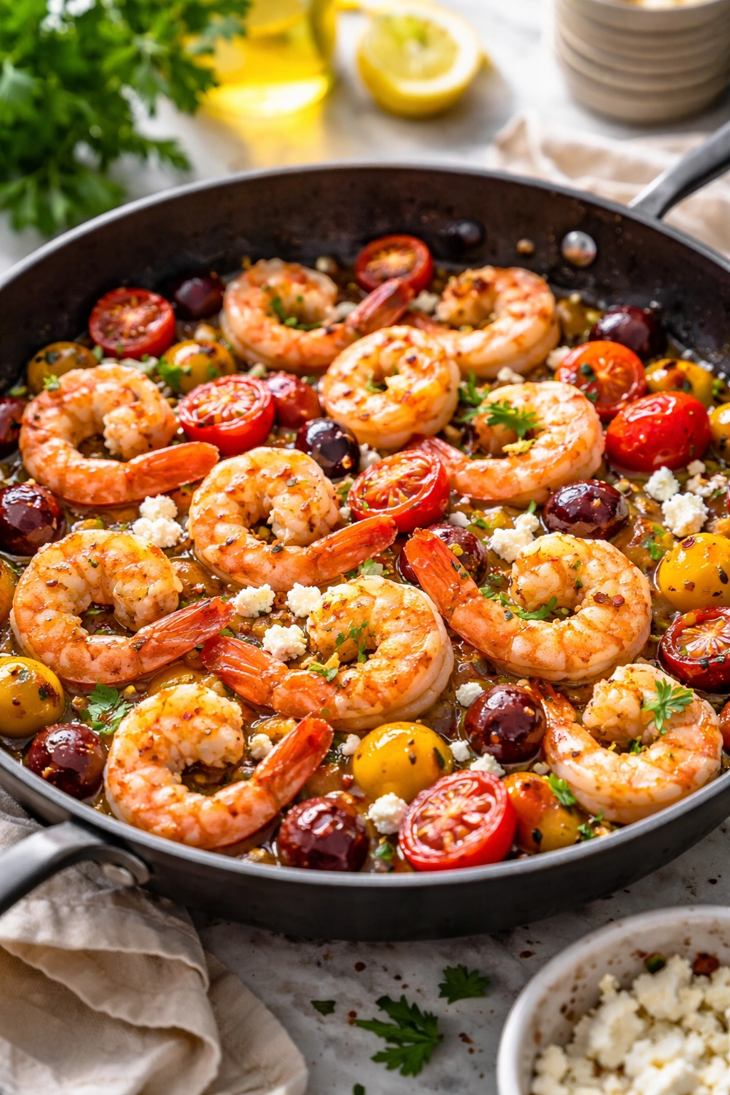 Shrimp sauté with cherry tomatoes, olives, and feta in a skillet