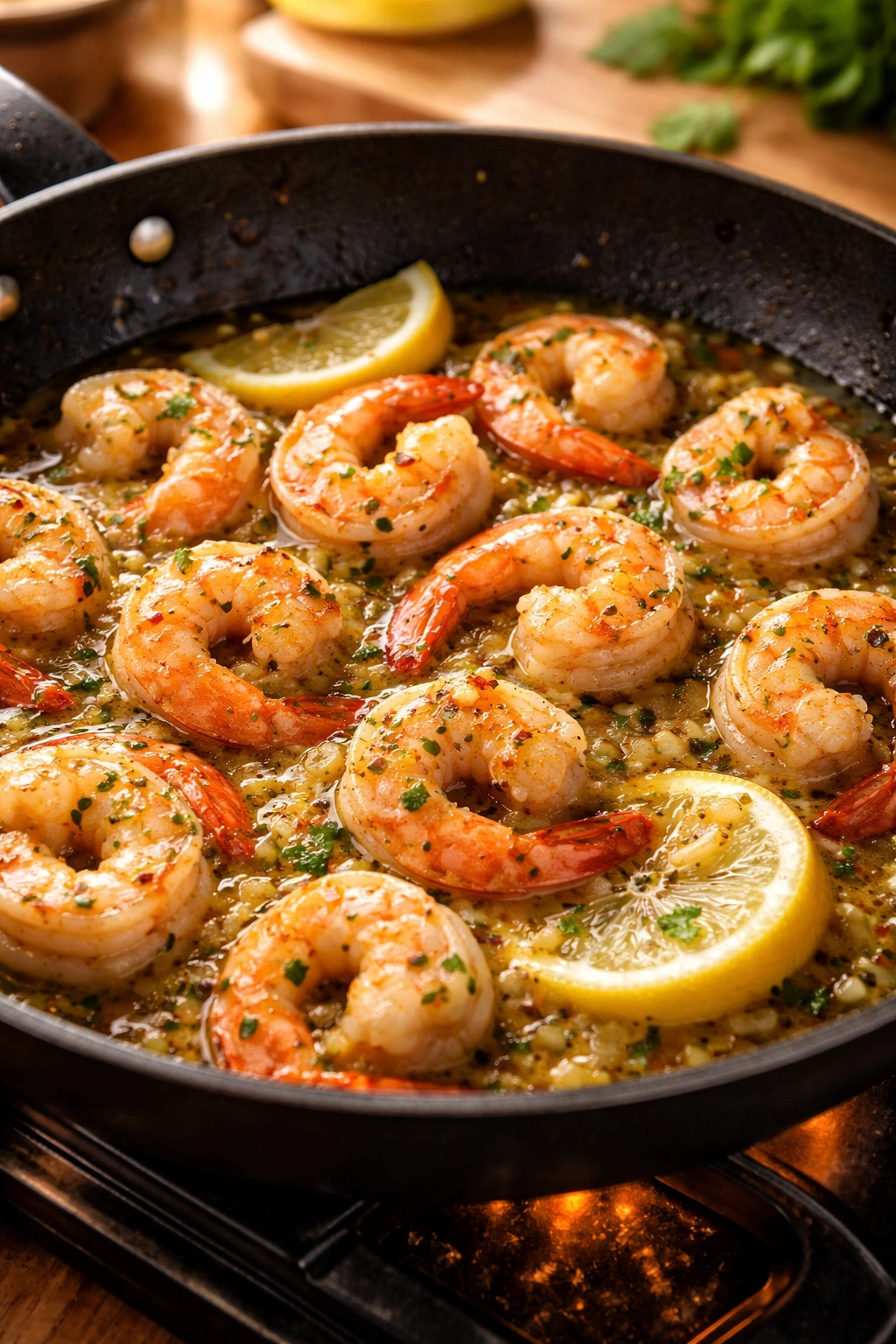 Perfectly cooked shrimp in butter sauce illustrating proper texture.