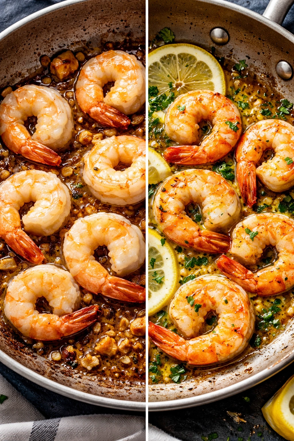 Two shrimp servings, one overcooked and one perfectly seared.