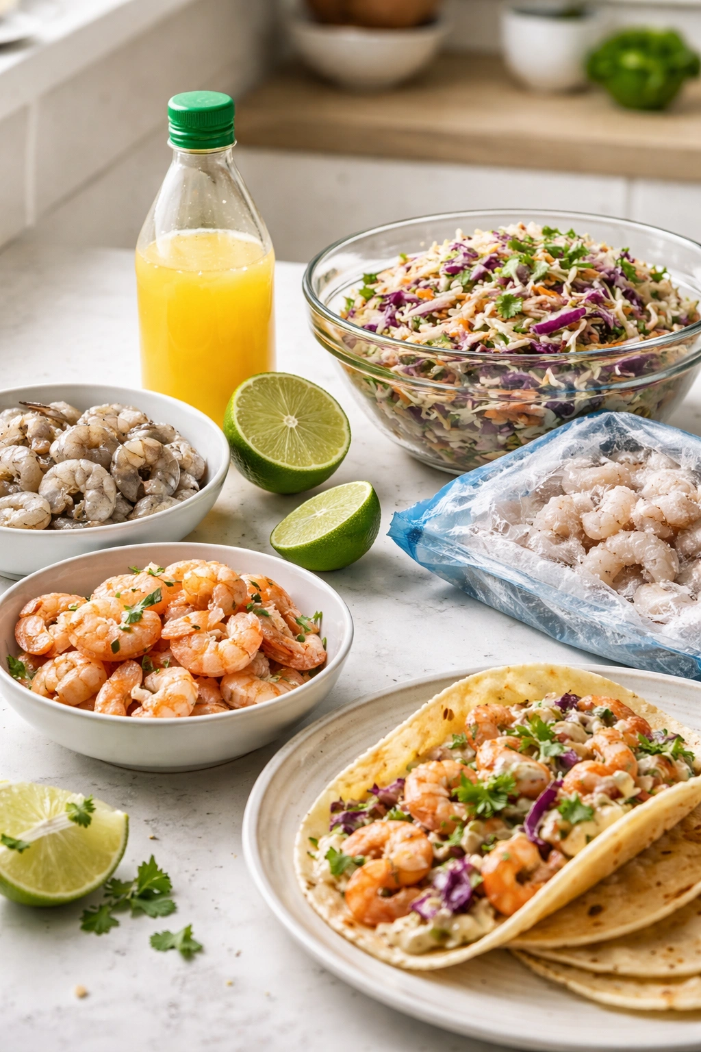 Close-up of a kitchen counter showing common shrimp taco mistakes: gray raw shrimp, pink cooked shrimp, lime juice, sliced lime, slaw prep, frozen shrimp, and an overloaded tortilla