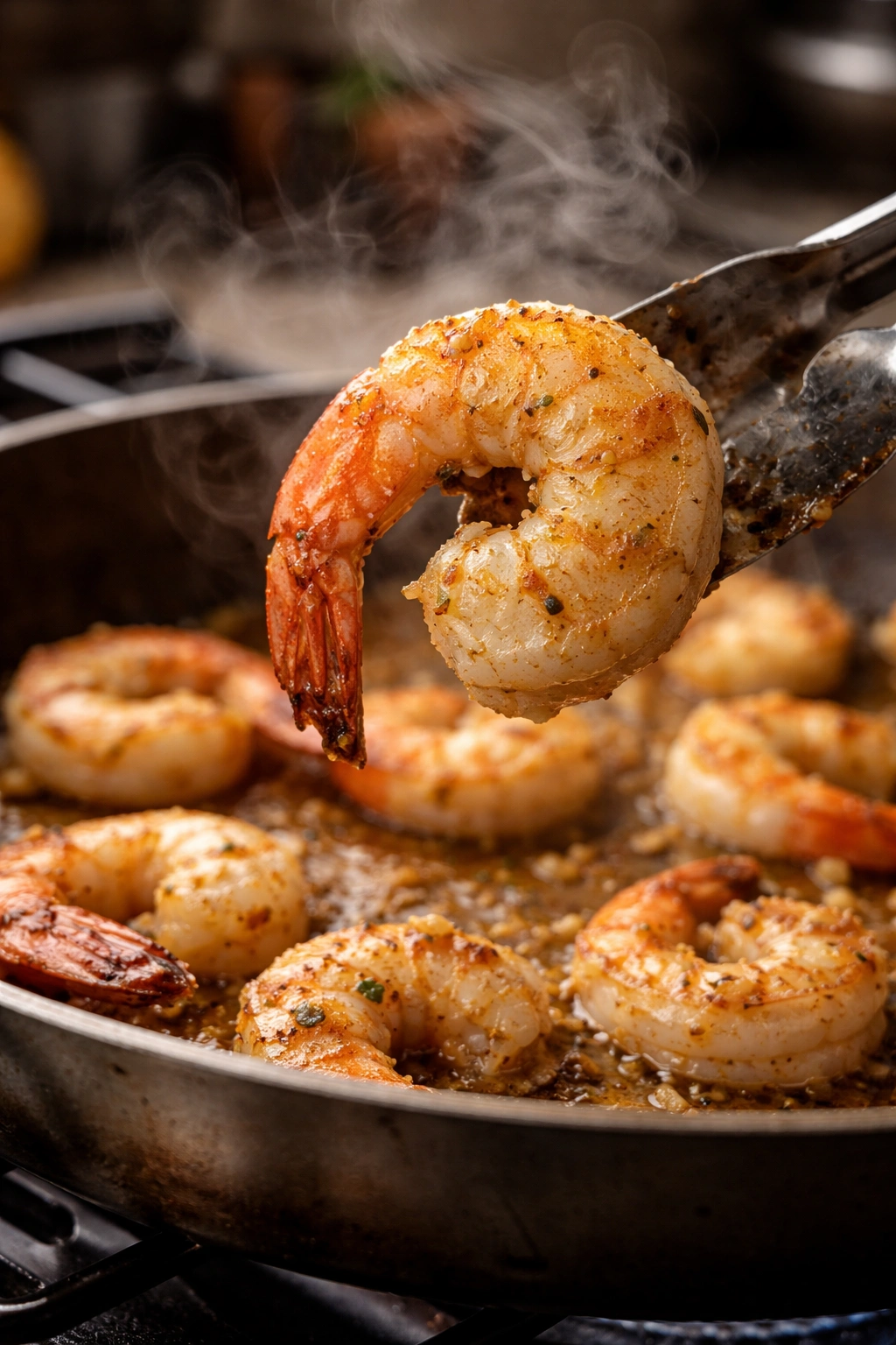 Overcooked shrimp in a skillet illustrating common mistakes.