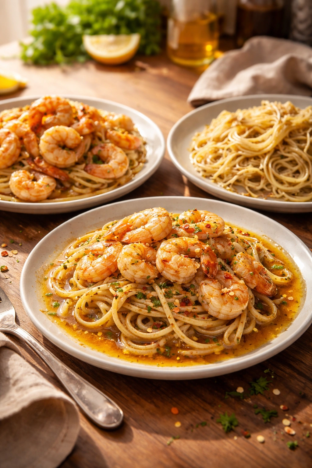 Close-up of shrimp pasta errors showing overcooked shrimp, oily sauce, and dry pasta
