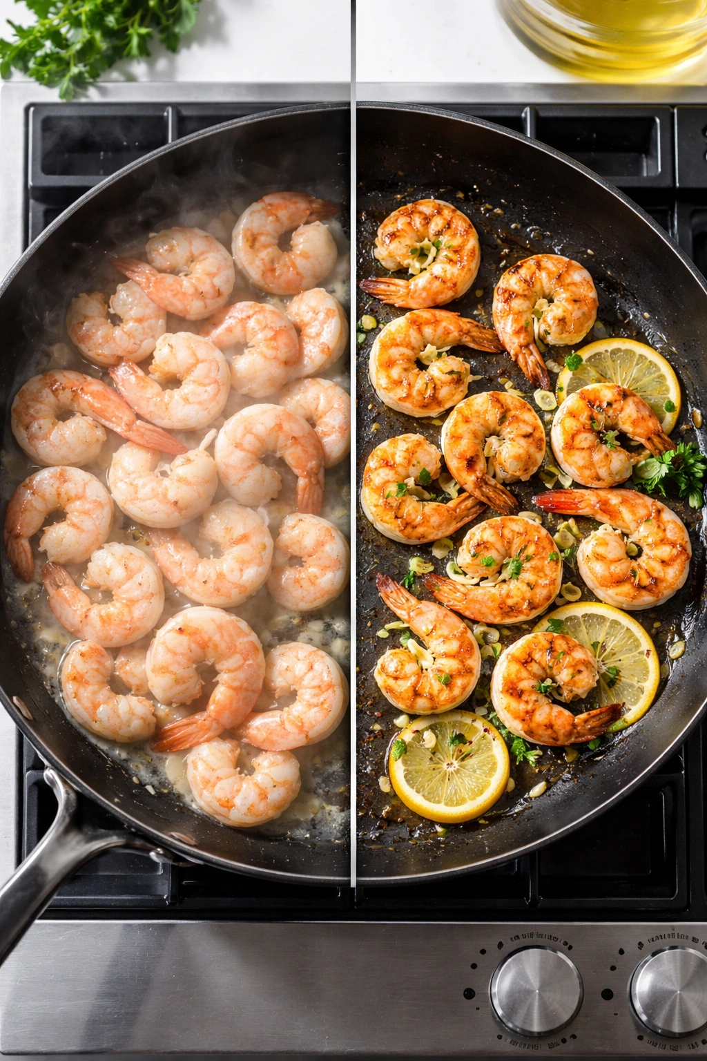 Split-view pan showing overcrowded versus properly spaced shrimp.