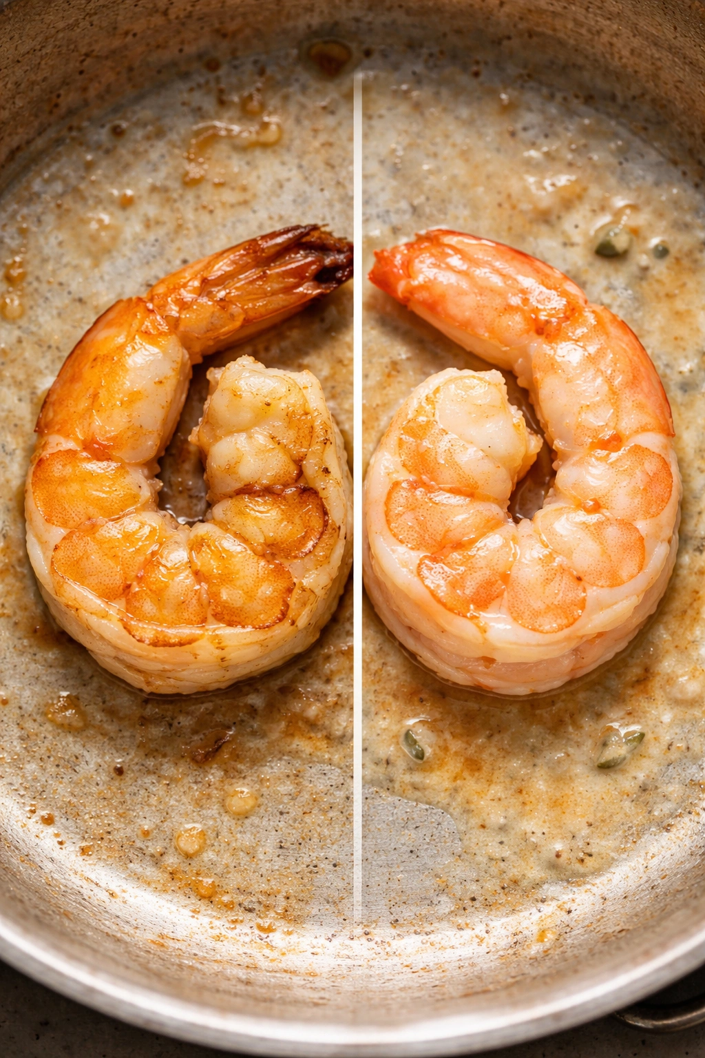 Shrimp split in two halves showing overcooked vs perfectly cooked