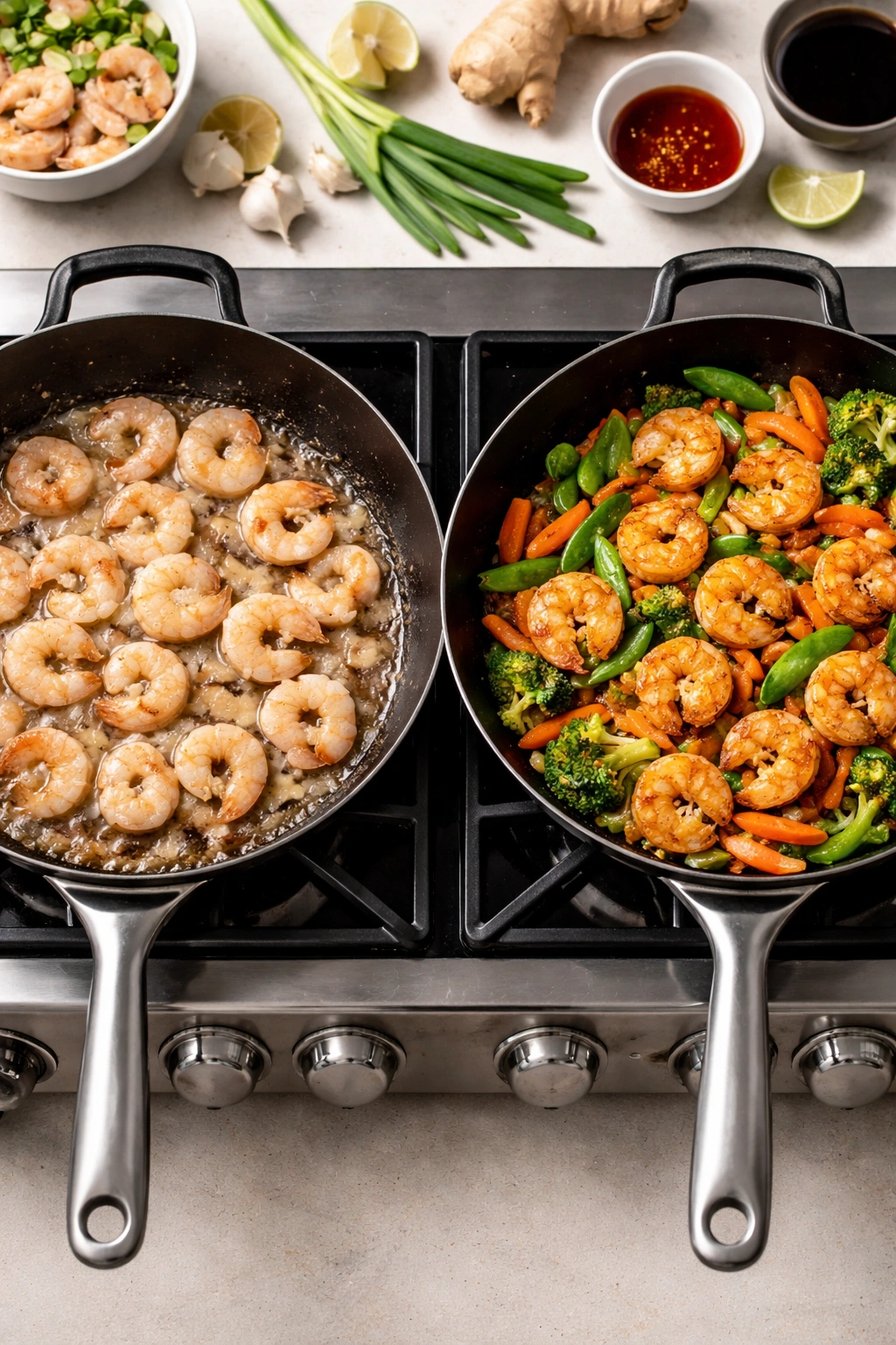 Side-by-side shrimp stir-fry showing overcooked vs perfectly seared shrimp on pans
