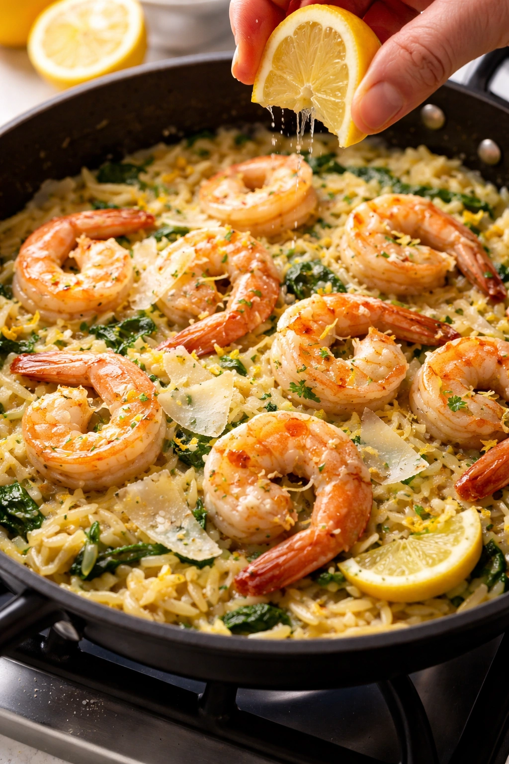 Shrimp in a glossy sauce with lemon zest and parmesan shavings.