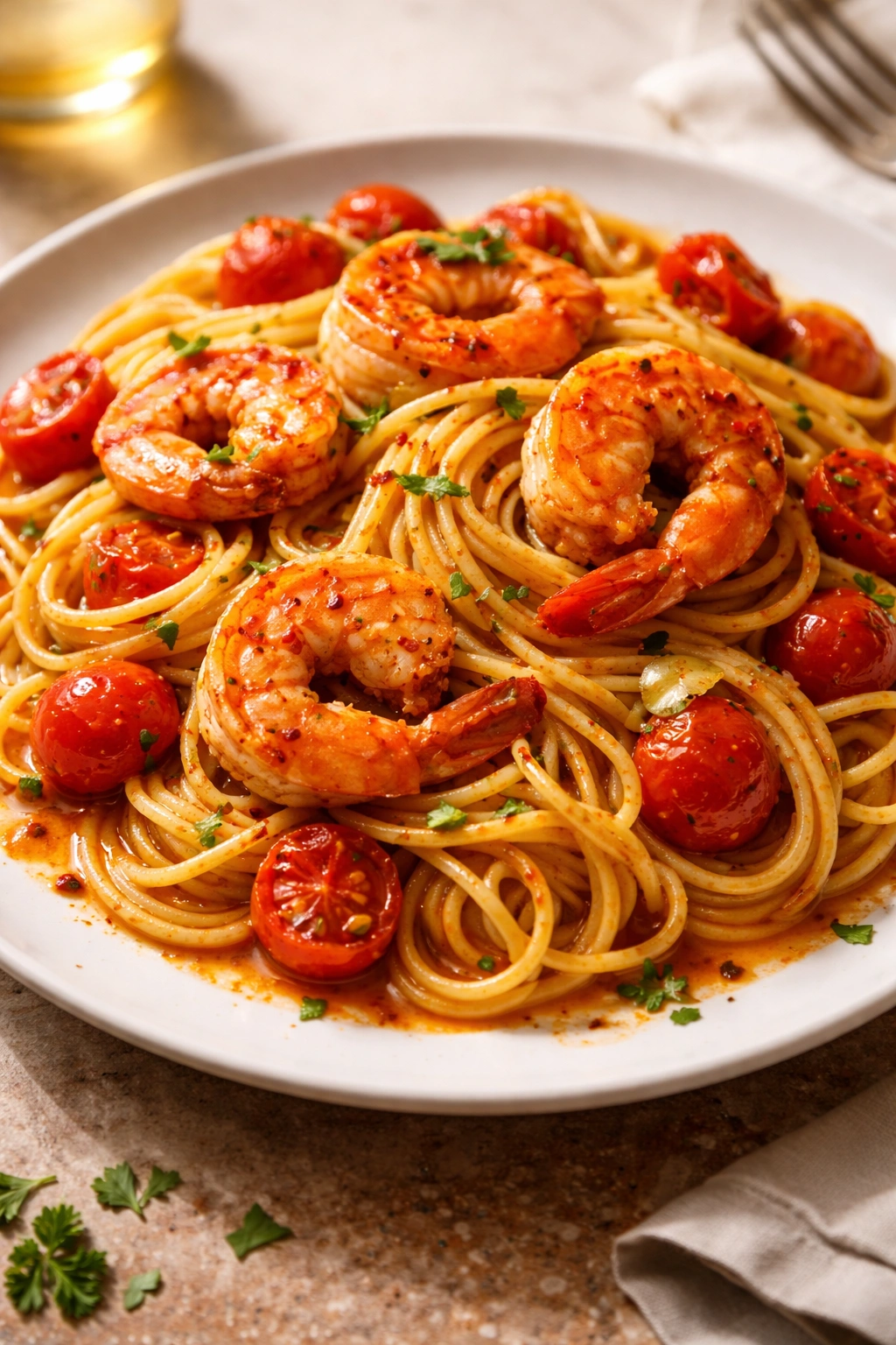 Shrimp pasta with Calabrian chili and cherry tomatoes in red sauce.