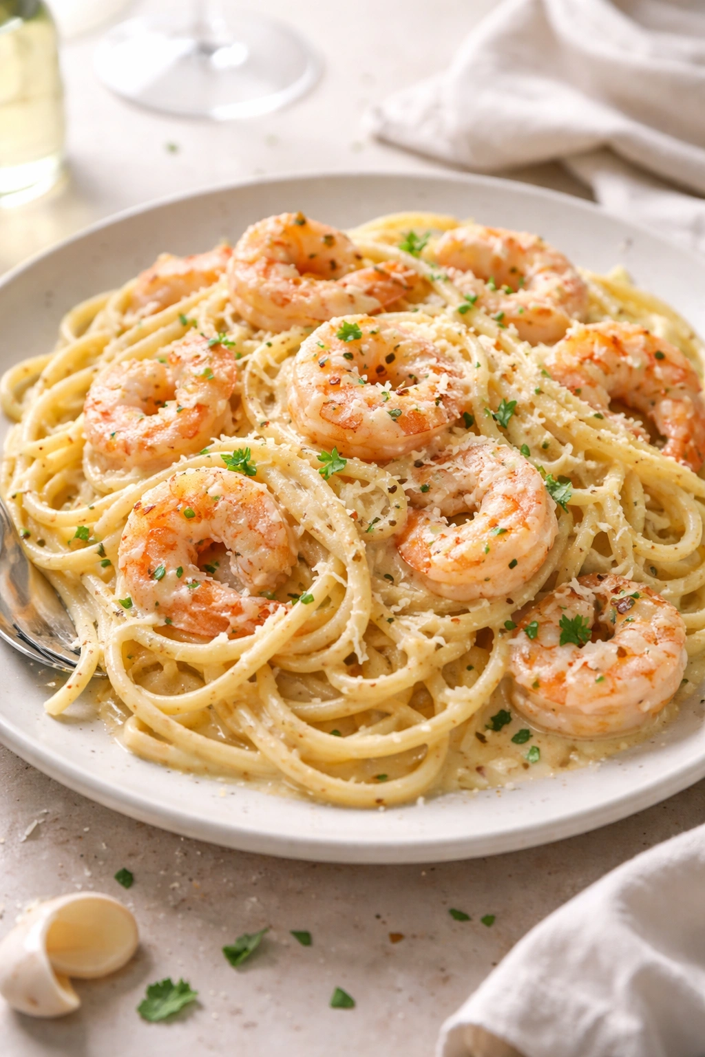 Close-up of creamy garlic parmesan shrimp pasta on a white plate