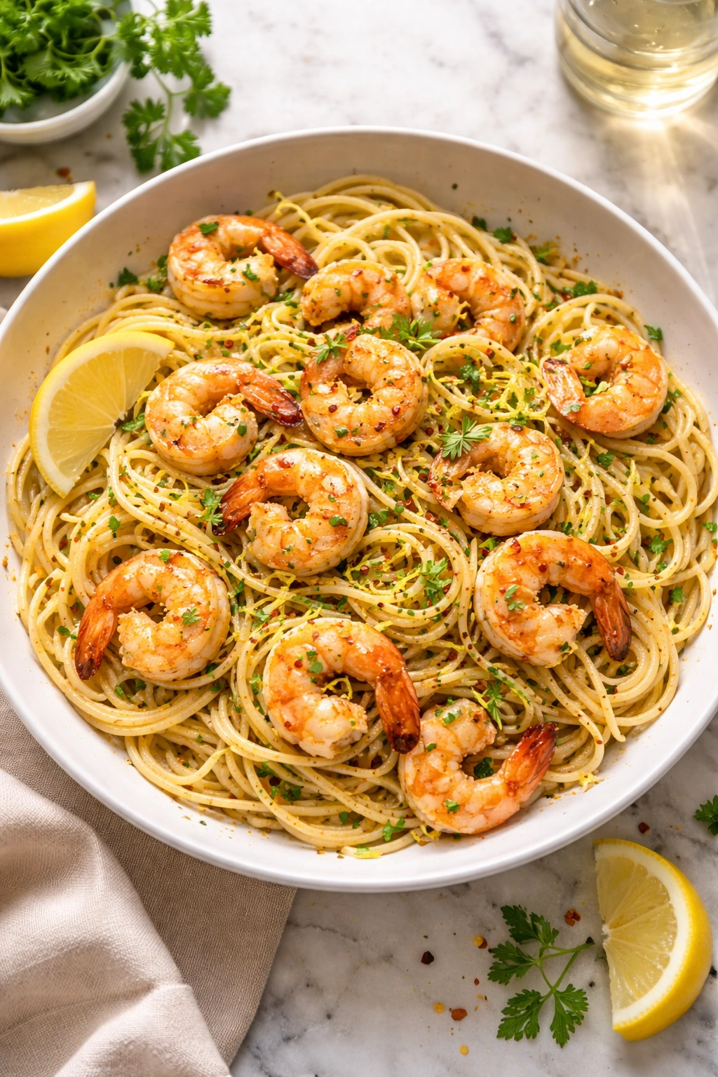 Close-up of garlic butter shrimp pasta with lemon and herbs on a plate