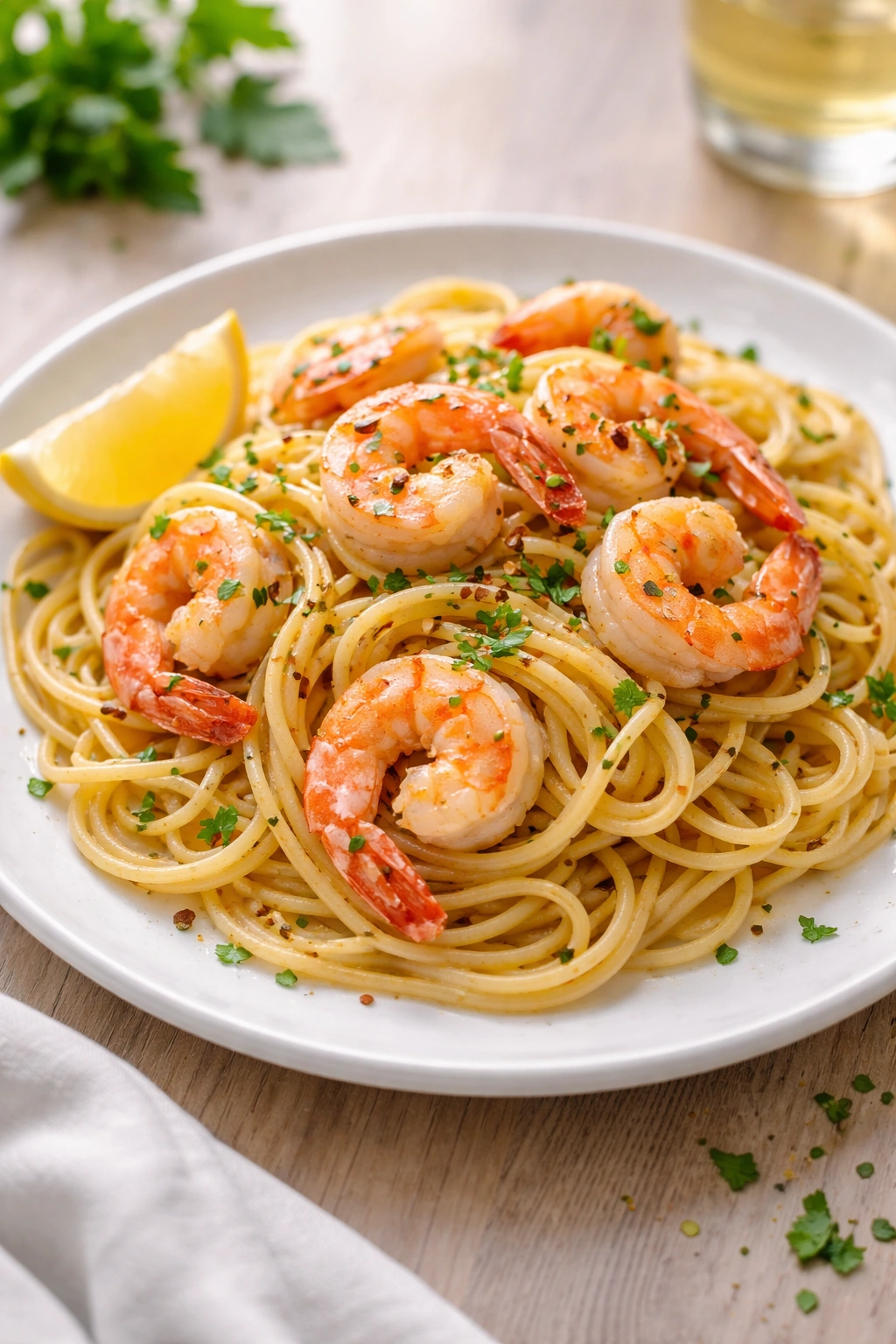 Shrimp pasta with garlic and white wine on plate, photorealistic seafood pasta